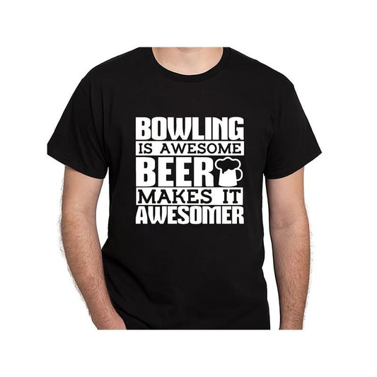 1 Men'S Cotton T-Shirt, Casual Crew Neck, Short Sleeve, Regular Fit, Knit Fabric, Non-Stretch, with "Bowling is Awesome" Print, for Daily Wear & Vacation, All-Season made in usa