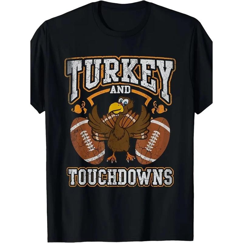 1 Piece, Men's 100% Cotton, Thanksgiving Turkey and Touchdown Football Men's T-Shirt. Classic Fit, Short Sleeve - Black,...