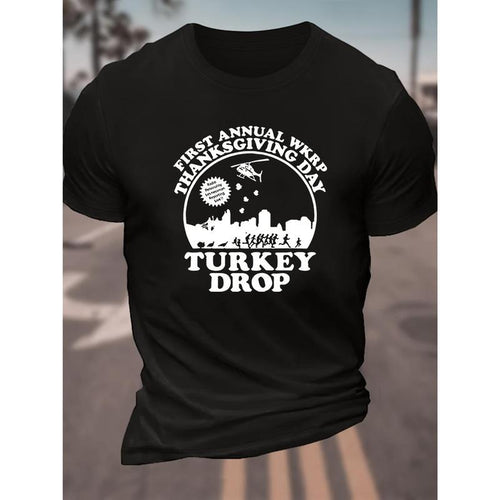 1 pc, 100% cotton T-shirt, Crew Neck Turkey Drop Print Men's Fashionable Summer Short Sleeve Sports T-shirt, Comfortable...