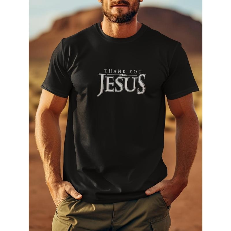 1 pc, 100% cotton T-shirt, Thank You Jesus Print Tee Shirt, Tees For Men, Casual Short Sleeve T-shirt For Summer Made in USA