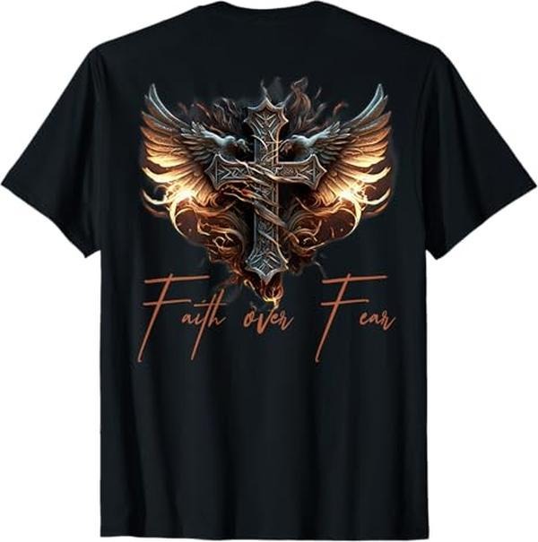 [100% Cotton] Biker Angel Wings Christian Cross Faith Over FOG - Pocket monsters Back T-Shirt Golf Gift T-Shirt For Men...
