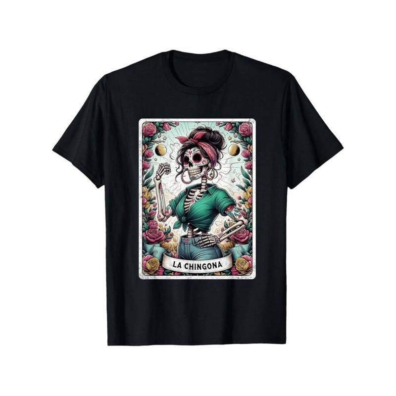 [100% Cotton] Chingona Mexican Skeleton Tarot T-Shirt For Men Stylish Crew Neck Comfortable Athletic Fit Fashionable...