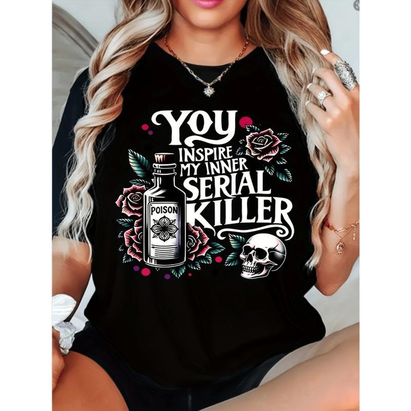 [100% Cotton] Funny Plus Size Womens You My Inner Killer Graphic Tee Edgy Skull Roses Fabric Casual Crew Neck Short...
