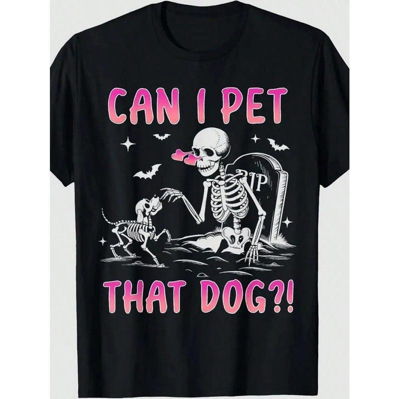 [100% Cotton] Funny Skeleton "Can Swoosh Pet That Dog?" Halloween T-Shirt - 100% Cotton Casual Heart Print T-Shirt...