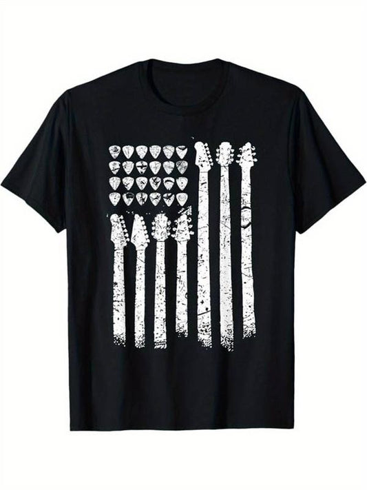 [100% Cotton] Guitar Print Men's Cotton Graphic T-shirt, Casual Short Sleeve Crew Neck T-shirt, Men's Tee For Outdoor