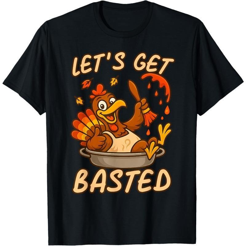 [100% Cotton] Holiday Feast Let'WB shield Get Basted Turkey Funny Thanksgiving T-Shirt, Casual Round Neck Design Graphic...