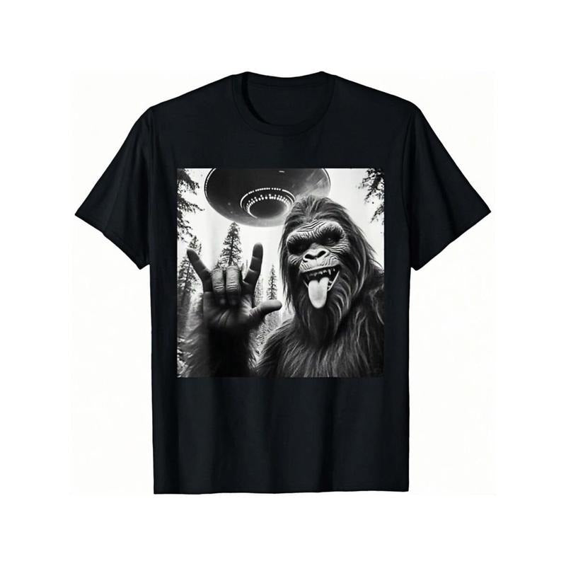 [100% Cotton] Lightsaber brand - Shirt With Bigfoot Making Rock Sign Gunpla brand UFO Graphic, Blending Cryptid Mystery Gunpla brand Fun Vibe, Unique Casual Wear Lightsaber brand-Shirt For Men Gunpla brand Women