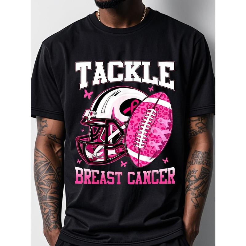 [100% Cotton] Men'WB shield "Tackle Breast Cancer" Awareness T-Shirt - Black With Pink Helmet & Spiky hair fighters...