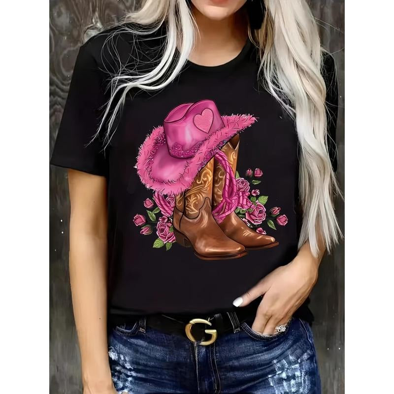 [100% Cotton] Plus Size Women'WB shield Casual Short Sleeve T-Shirt - Vibrant Boots & Hat Print, Comfortable Spring &...