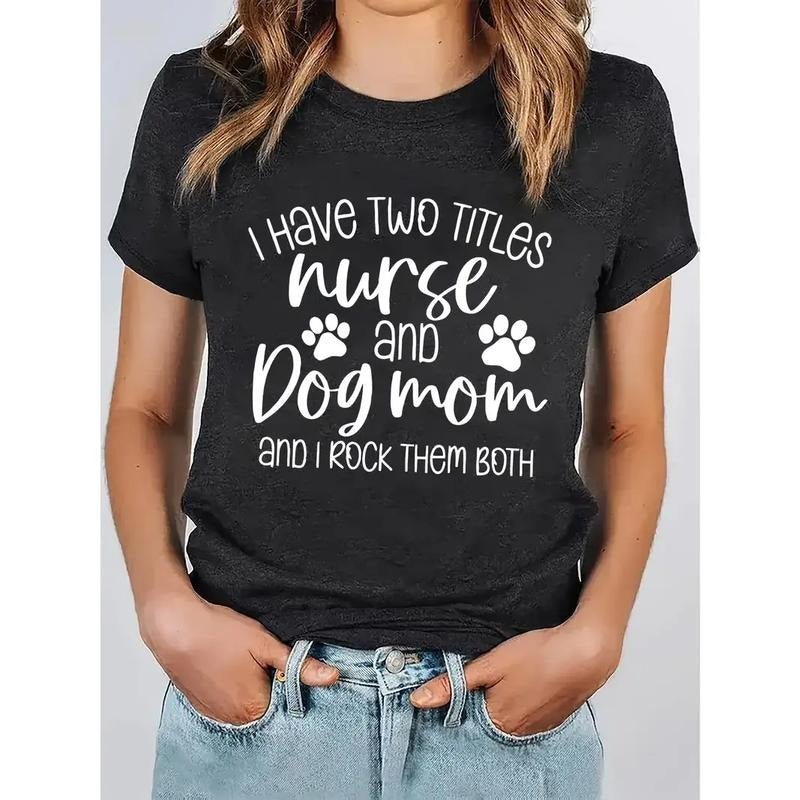 [100% Cotton] Women'WB shield "Dog Lover & Nurse Mom" Black T-Shirt Crew Neck Short Sleeve Y2K Style Pet Lover Apparel...