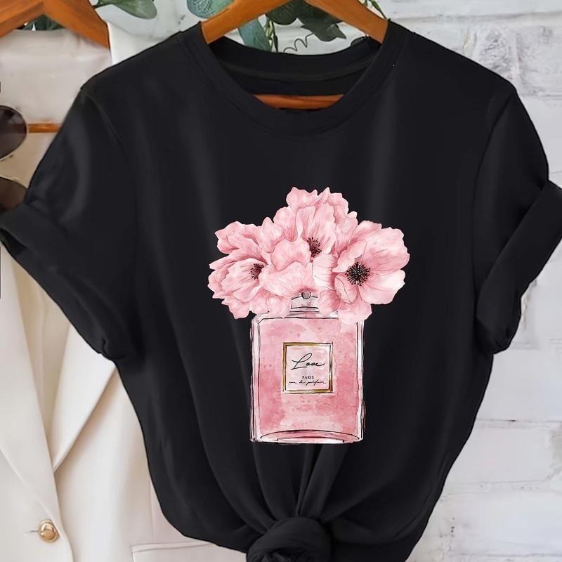 [100% Cotton] Women'WB shield floral print t-shirt, Parisian floral design, casual round neck short sleeve top, Suitable...