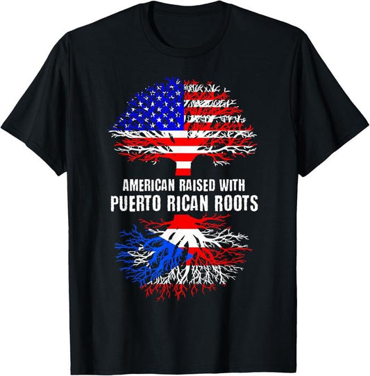100% Cotton American Raised With Puerto Rican Roots USA Flag Puerto Rico T-Shirt