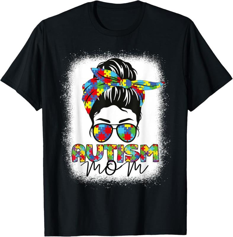 100% Cotton Autism Mom Life Messy Bun Bleached Mothers Day Autism Mom T-Shirt Hoodie, Sweatshirt | DripVista.com