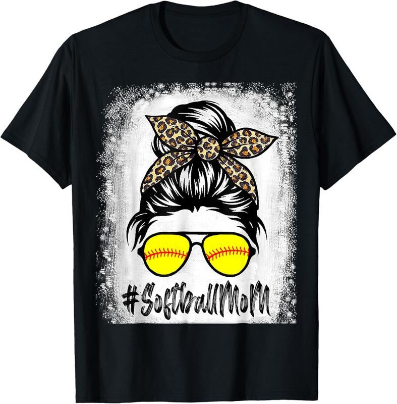 100% Cotton Bleached Softball Mom Life With Leopard and Messy Bun Player T-Shirt Hoodie, Sweatshirt | DripVista.com