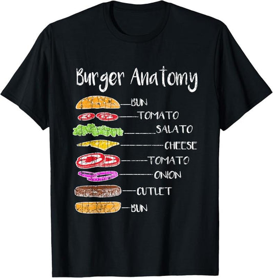 100% Cotton Cheese On Burger Anatomy Funny Hamburger Lover Graphic T-Shirt