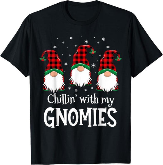 100% Cotton Chillin' With My Gnomies Buffalo Red Plaid Christmas Gnome T-Shirt