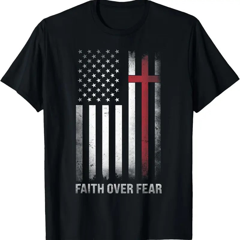 100% Cotton Christian US USA Flag American Christ Faith Over Fear Cross T-Shirt Hoodie, Sweatshirt | DripVista.com