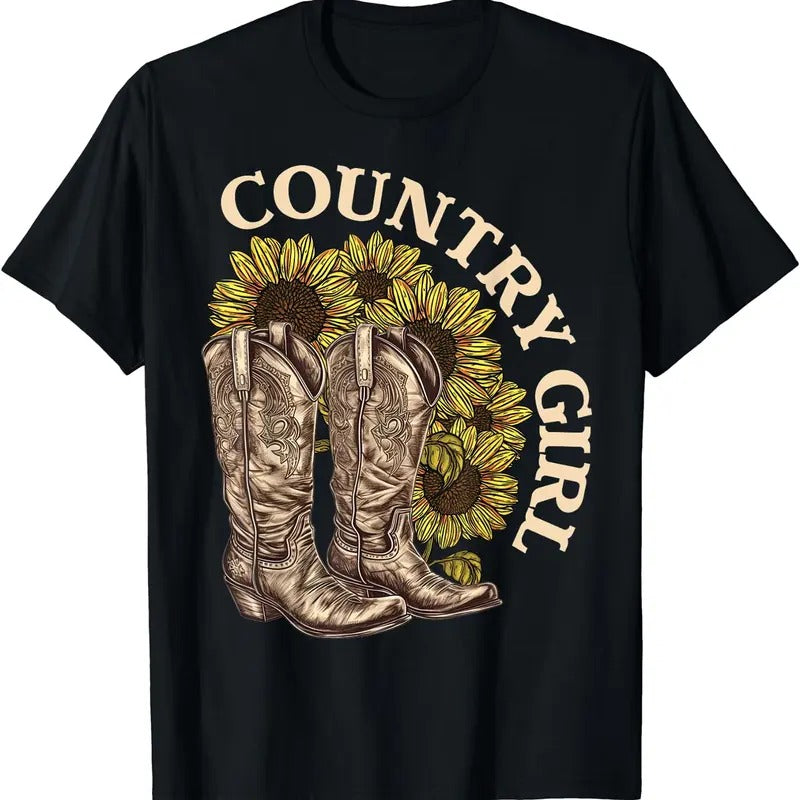 [100% Cotton]Country Girl Sunflower Boots Western Countryside Life T-Shirt