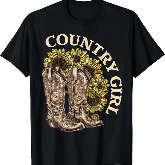 [100% Cotton]Country Girl Sunflower Boots Western Countryside Life T-Shirt