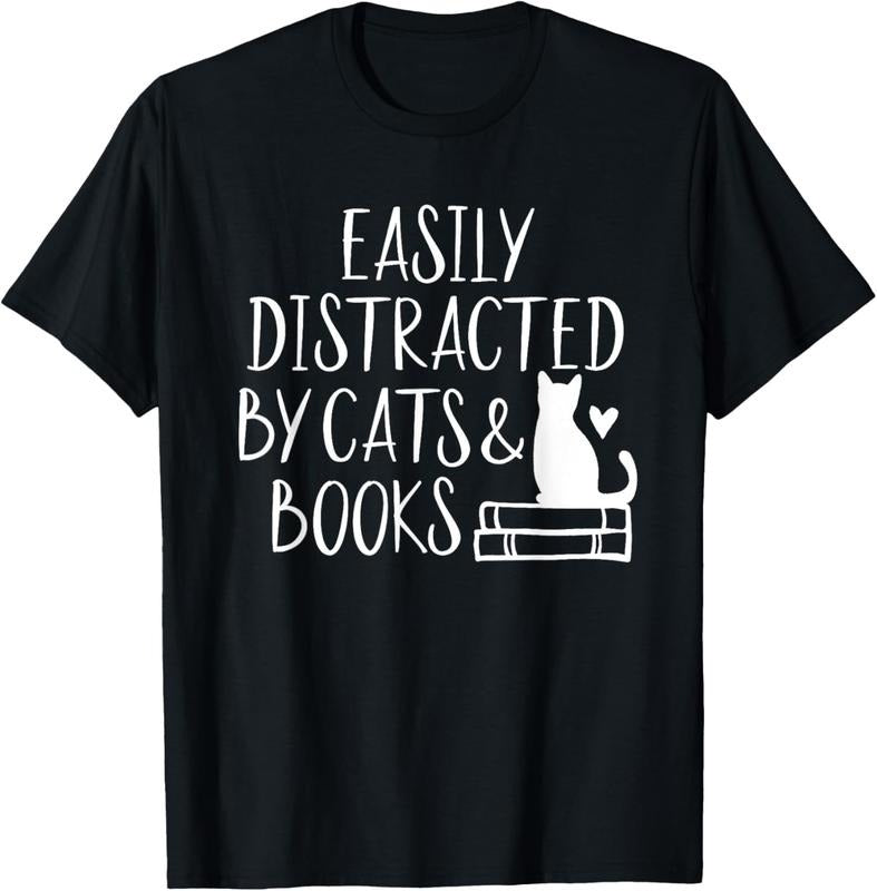 100% Cotton Easily Distracted by Cats and Books - Cute Book Lover T-Shirt Hoodie, Sweatshirt | DripVista.com