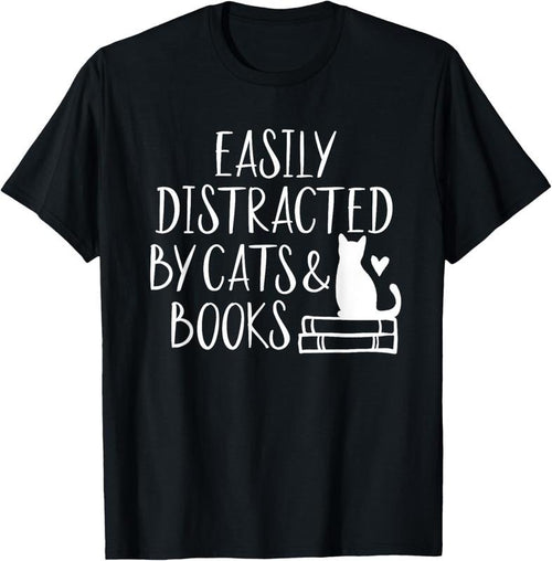 100% Cotton Easily Distracted by Cats and Books - Cute Book Lover T-Shirt Hoodie, Sweatshirt | DripVista.com