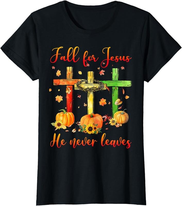 [100% Cotton]Fall For Jesus He Never Leaves Autumn Christian Gift Costume T-Shirt Hoodie, Sweatshirt | DripVista.com