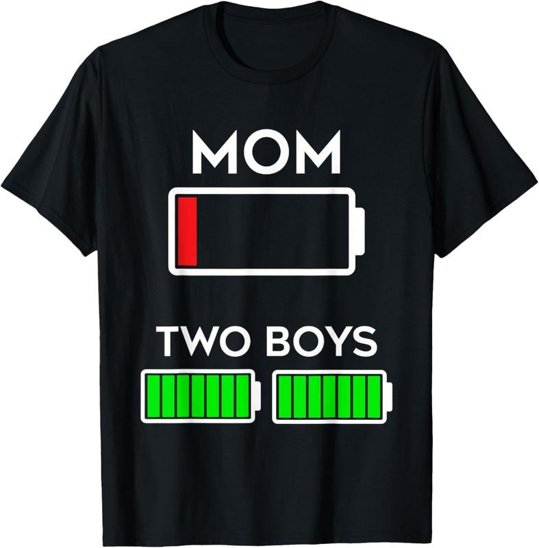 100% Cotton Funny Tired Mom of two Boys Battery Low Design T-Shirt