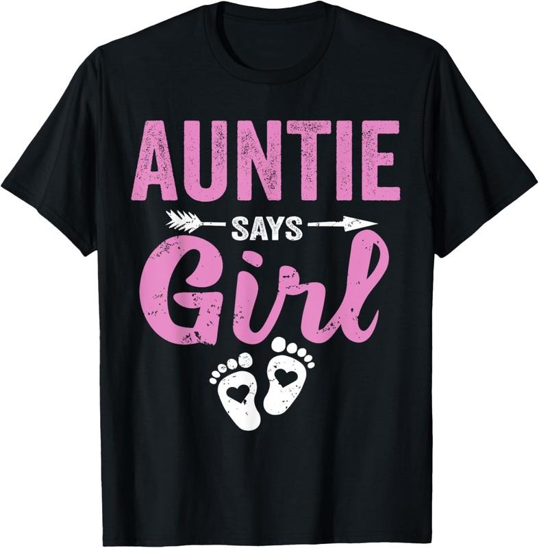 100% Cotton Gender Reveal Auntie Says Girl Family  Party Team Pink T-Shirt