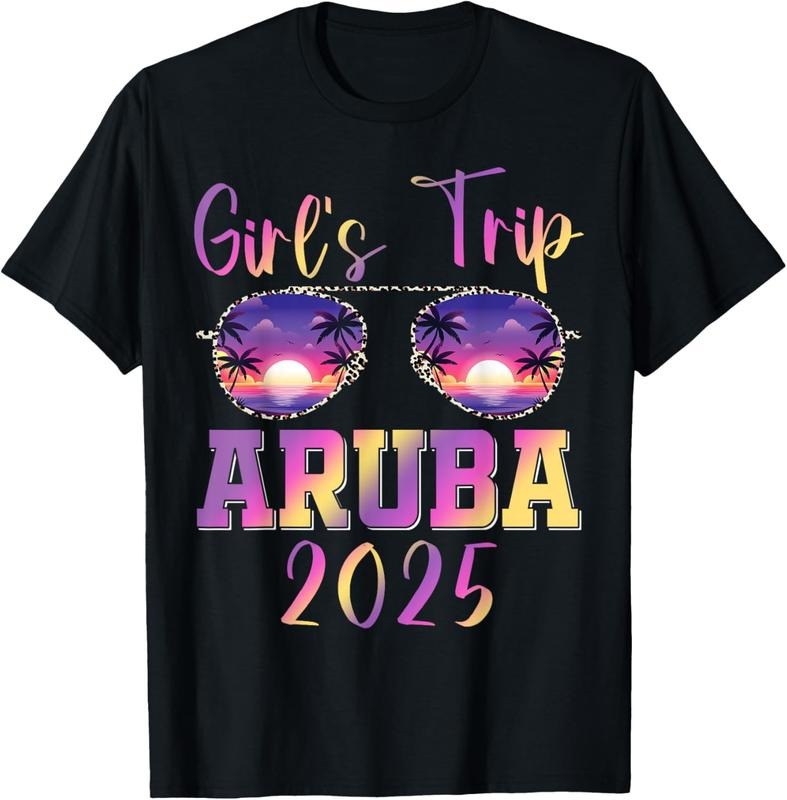 100% Cotton Girls Trip Aruba 2025 Leopard Sunglasses Beach Vacation T-Shirt Hoodie, Sweatshirt | DripVista.com