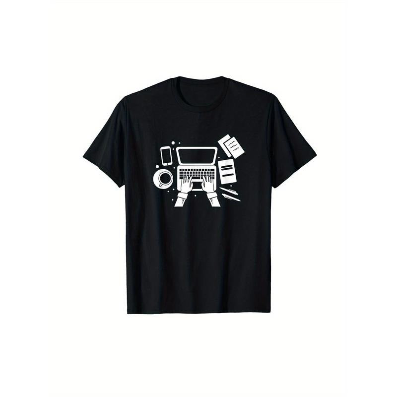 100% Cotton Graphic T-Shirt for Men - Creative Writing Tools Design (Straw hat pirates, Laptop, Notebook) - Casual...