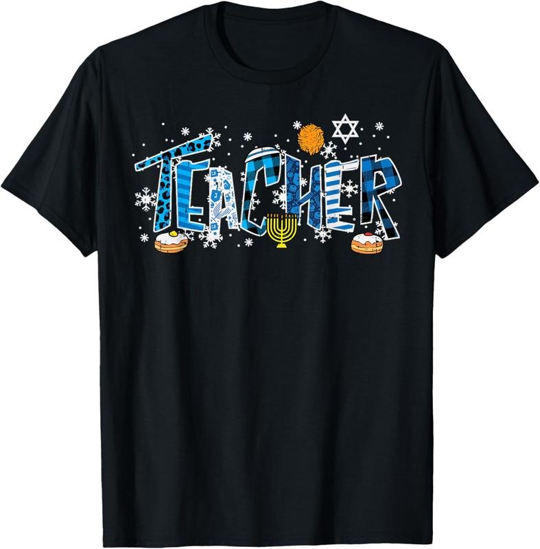 100% Cotton Hanukkah Leopard Plaid Teacher Chanukah Jewish Women Men T-Shirt