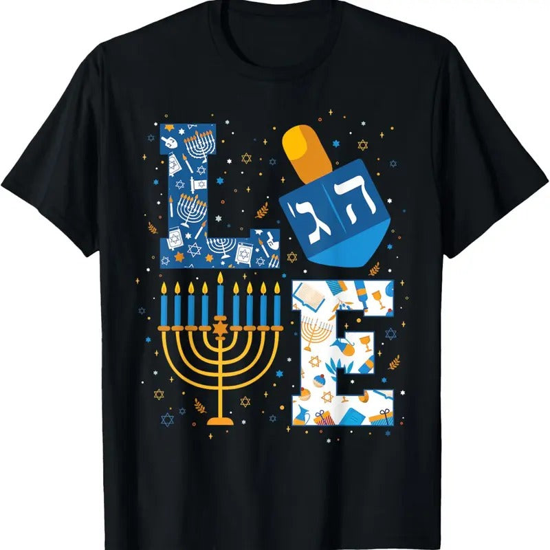 100% Cotton Hanukkah love with menorah for jewish christmas holiday T-Shirt