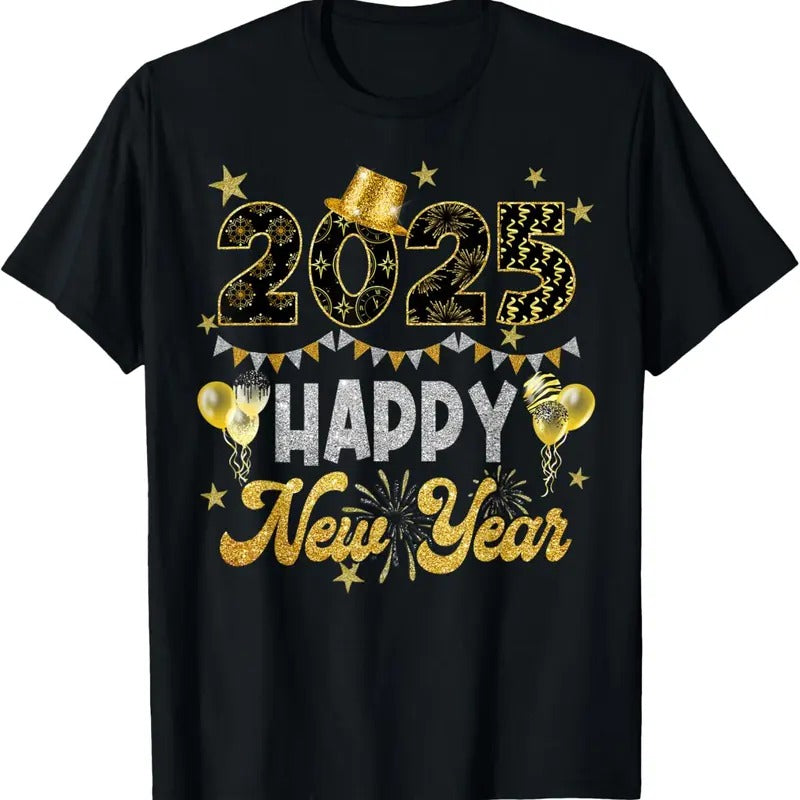 100% Cotton Happy New Year Party 2025 Ballon Family Matching Men Women T-Shirt