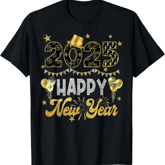 100% Cotton Happy New Year Party 2025 Ballon Family Matching Men Women T-Shirt