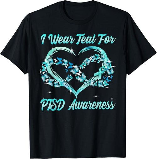 100% Cotton I Wear Teal For PTSD Awareness Heart Butterfly T-Shirt Hoodie, Sweatshirt | DripVista.com