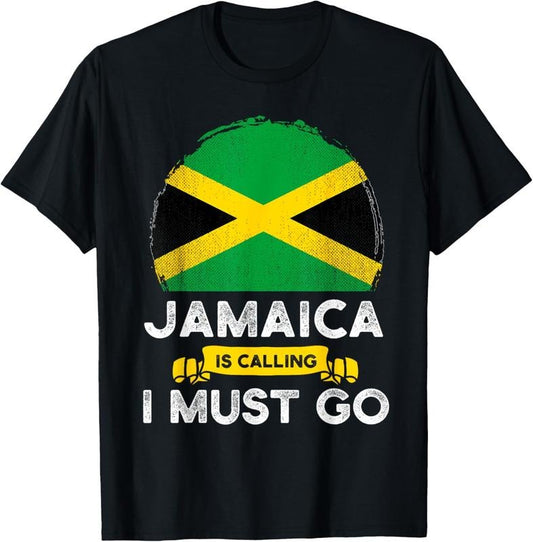 100% Cotton Jamaica Is Calling I Must Go Jamaican Heritage Roots Flag T-Shirt