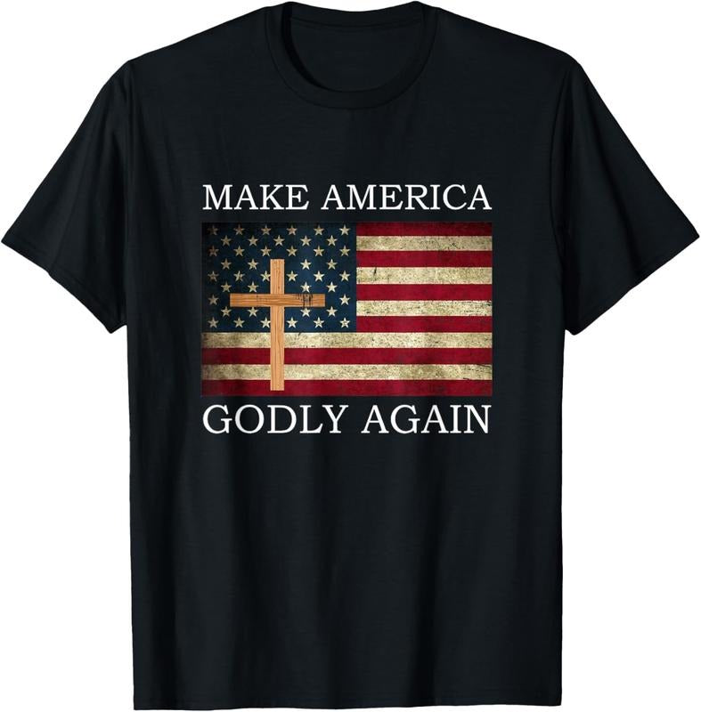 100% Cotton Make America Godly Again American Flag Cross Jesus T-Shirt Hoodie, Sweatshirt | DripVista.com