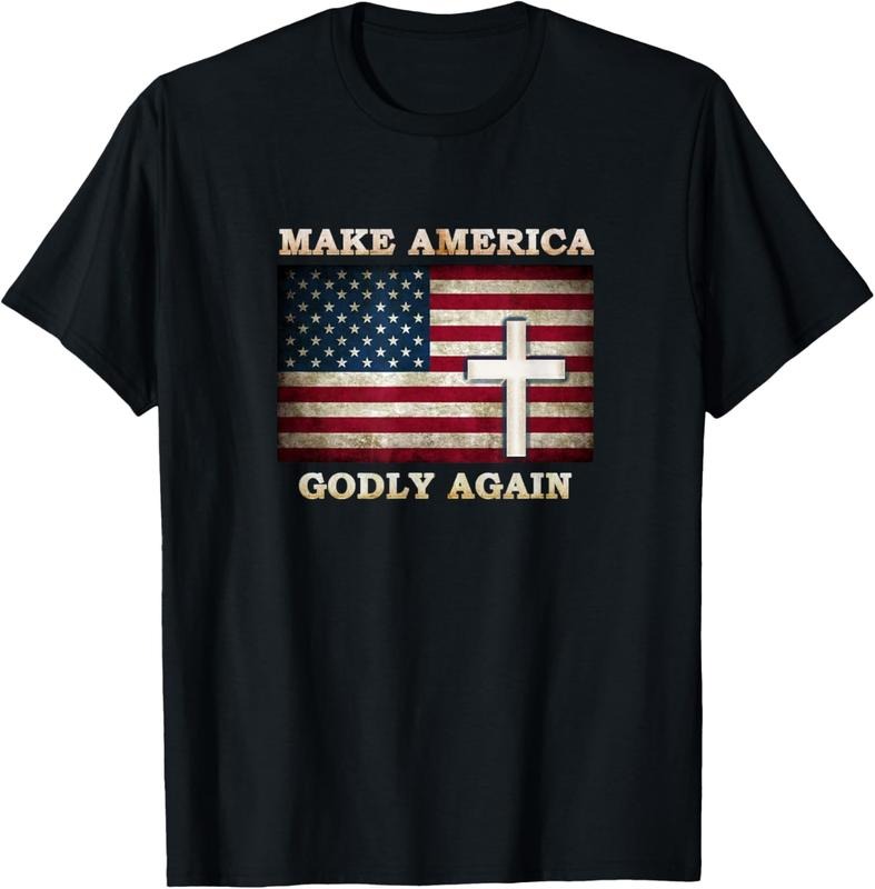 100% Cotton Make America Godly Again American Flag with Cross of Jesus T-Shirt Hoodie, Sweatshirt | DripVista.com