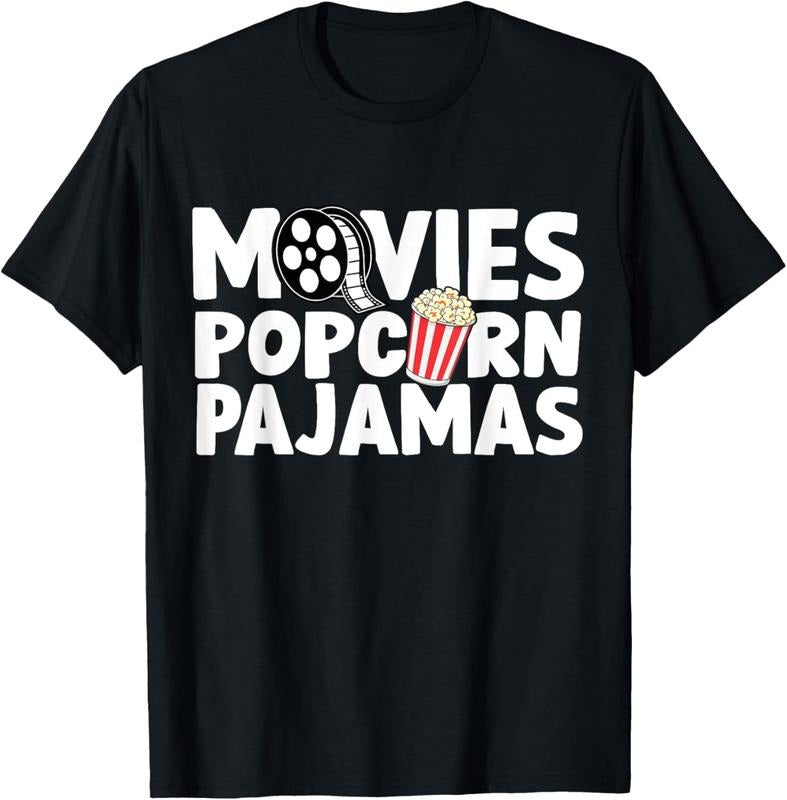 100% Cotton Movies Popcorn And Pajamas Popcorn Movie Night T-Shirt