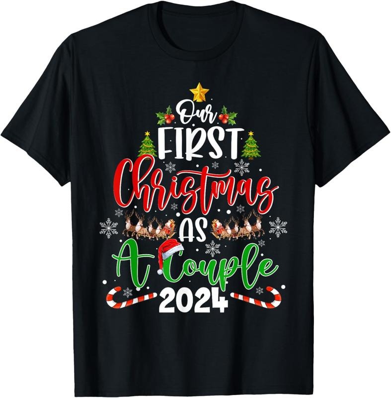 100% Cotton Our First Christmas As A Couple 2024 Xmas Love Couple Pajama T-Shirt Hoodie, Sweatshirt | DripVista.com
