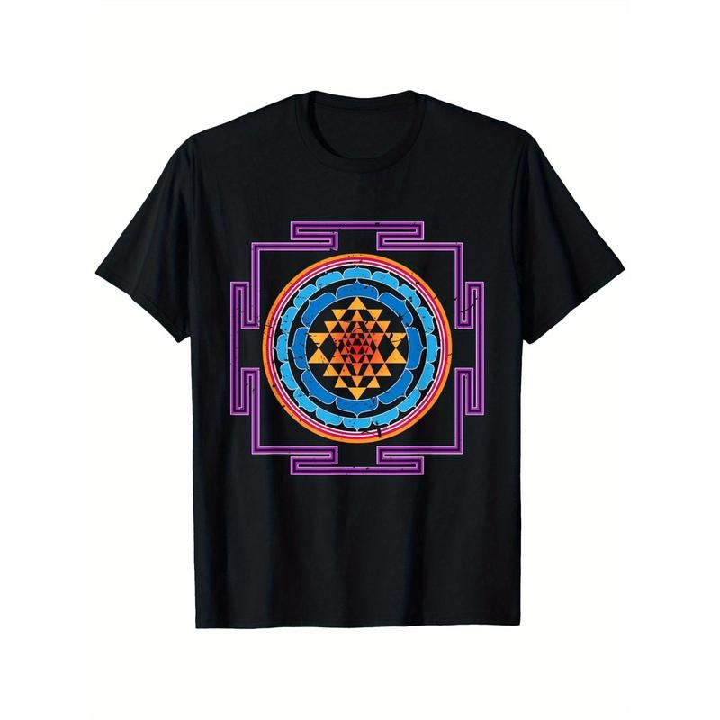 100% Cotton Picnic T-Shirt for Men, 180g Black Crew Neck Tee with Colorful Geometric Design, Ideal for Outdoor Activities...