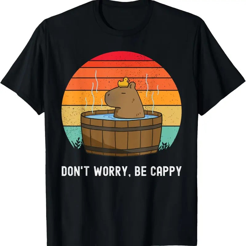 100% Cotton Retro Funny Capybara Don't Worry Be Capy T-Shirt Hoodie, Sweatshirt | DripVista.com