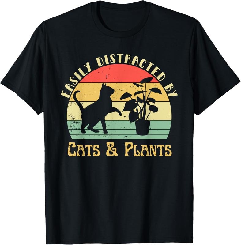 100% Cotton Retro Pet Cat Plant Lover Easily Distracted By Plants & Cats T-Shirt Hoodie, Sweatshirt | DripVista.com