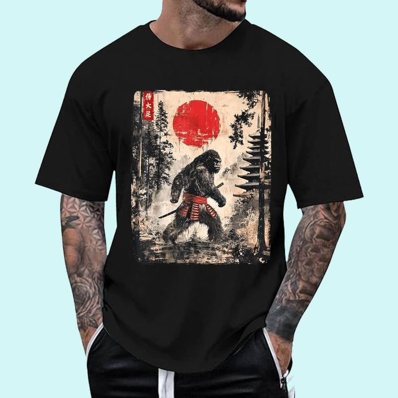 [100% Cotton Shirt] Samurai Bigfoot Japanese Vintage Graphic Ukiyo-e Art Funny Unisex T-Shirt