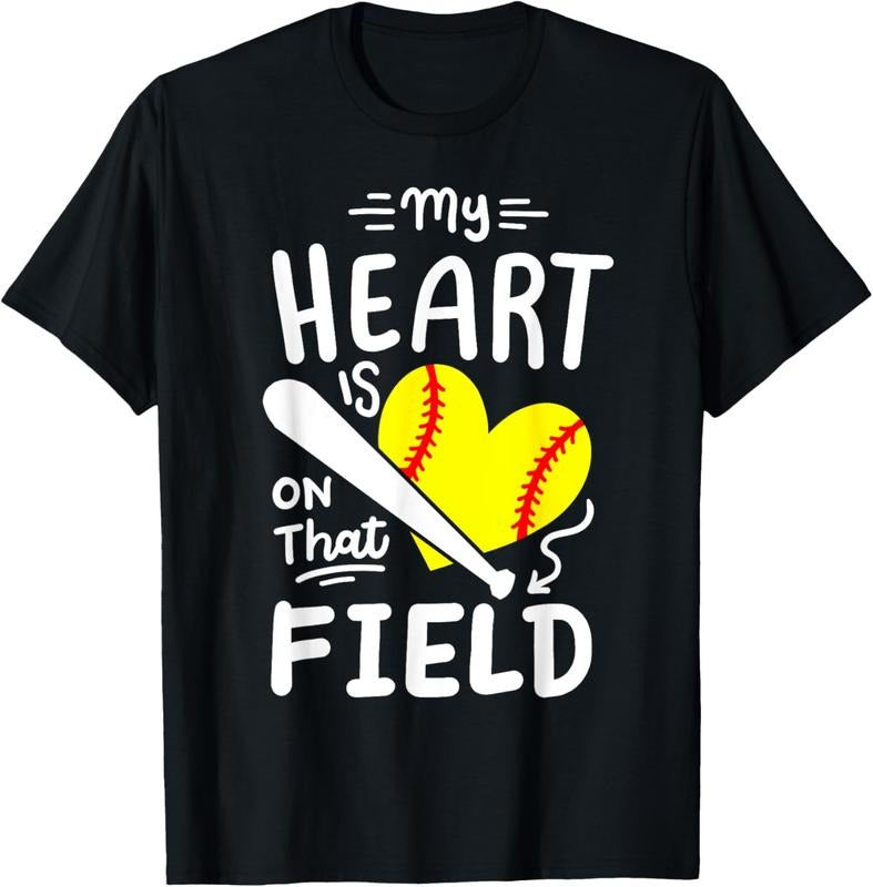 100% Cotton Softball Player Mom Grandma My Heart Is On That Field T-Shirt Hoodie, Sweatshirt | DripVista.com