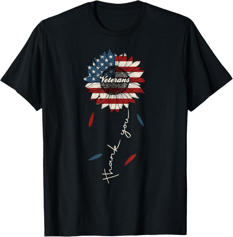 100% Cotton Thank You Veterans Sunflower US America Flag Patriotic Women T-Shirt Hoodie, Sweatshirt | DripVista.com