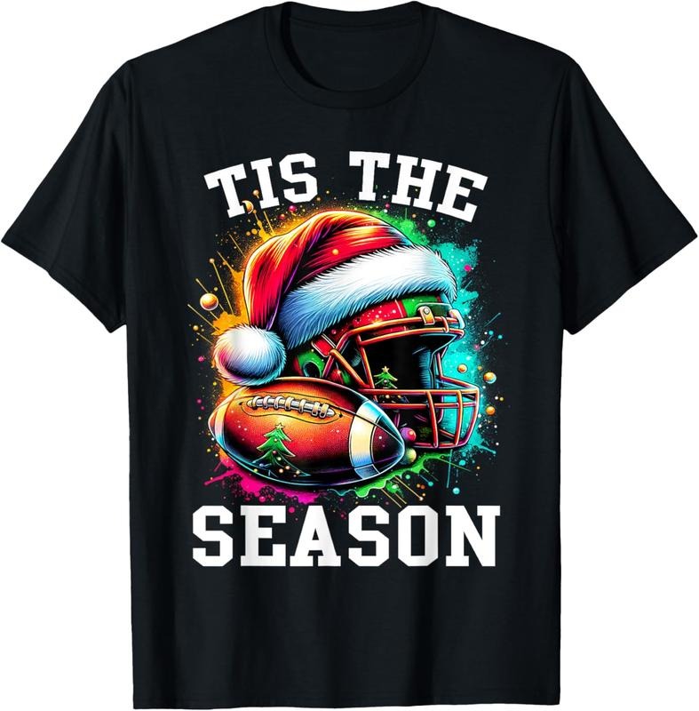100% Cotton Tis The Season Football Mom Christmas Santa Hat Colorful T-Shirt Hoodie, Sweatshirt | DripVista.com