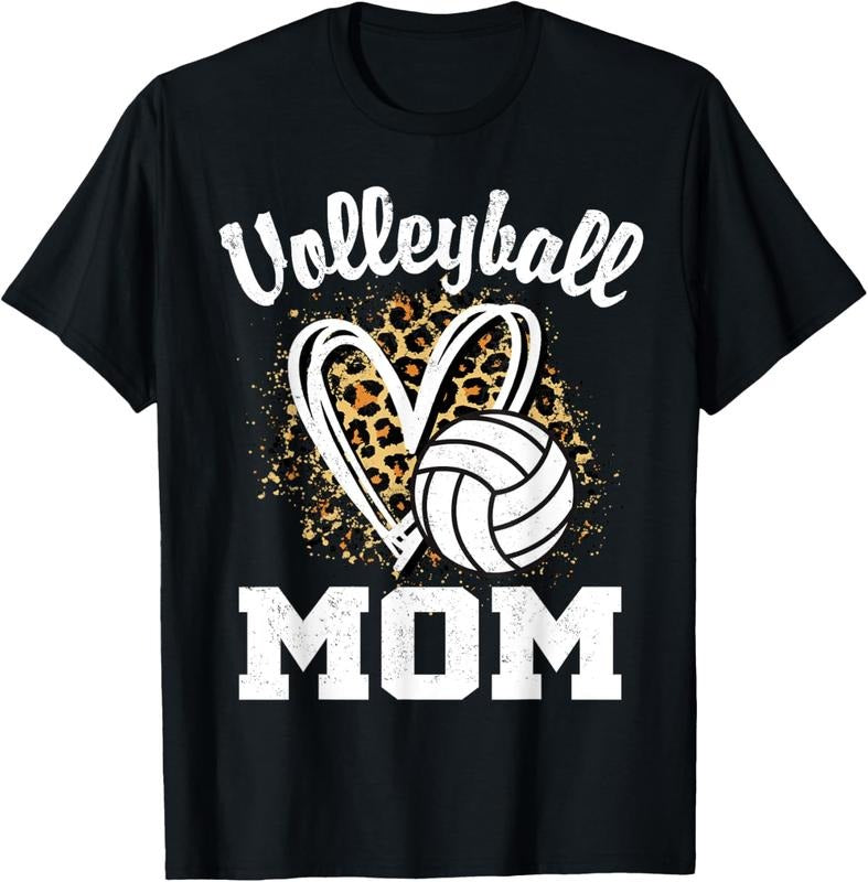 100% Cotton Volleyball Mom Leopard Heart T-Shirt