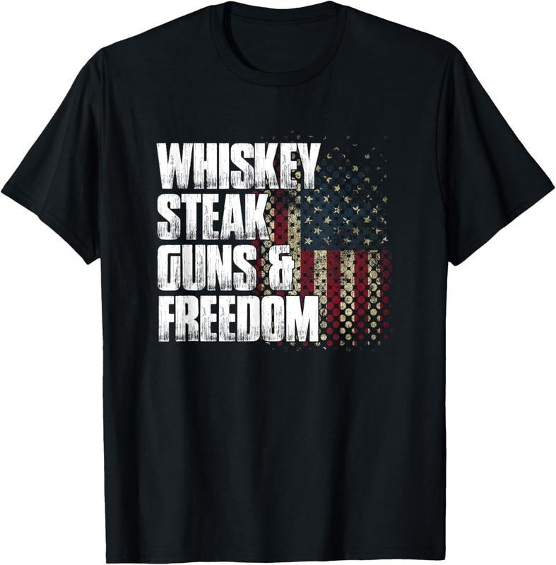 100% Cotton Whiskey Steak Guns & Freedom Patriotic Flag Gift T-Shirt Hoodie, Sweatshirt | DripVista.com