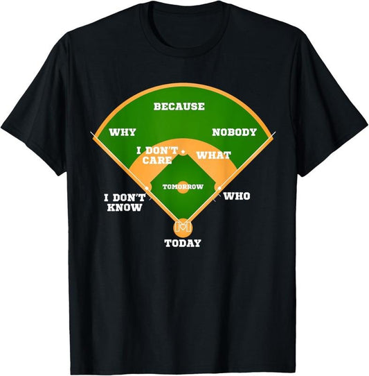 100% Cotton Who's on First? Baseball Diamond Fielding Card T-Shirt